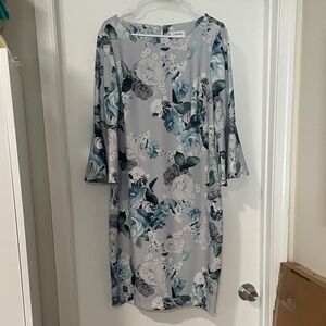 Calvin Klein Floral Long Sleeve Dress - Gray and Blue